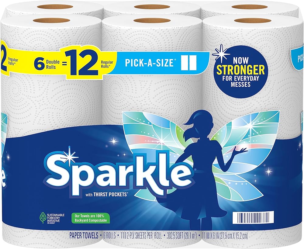 Sparkle® Pick-A-Size® Paper Towels, 6 Double Rolls = 12 Regular Rolls
