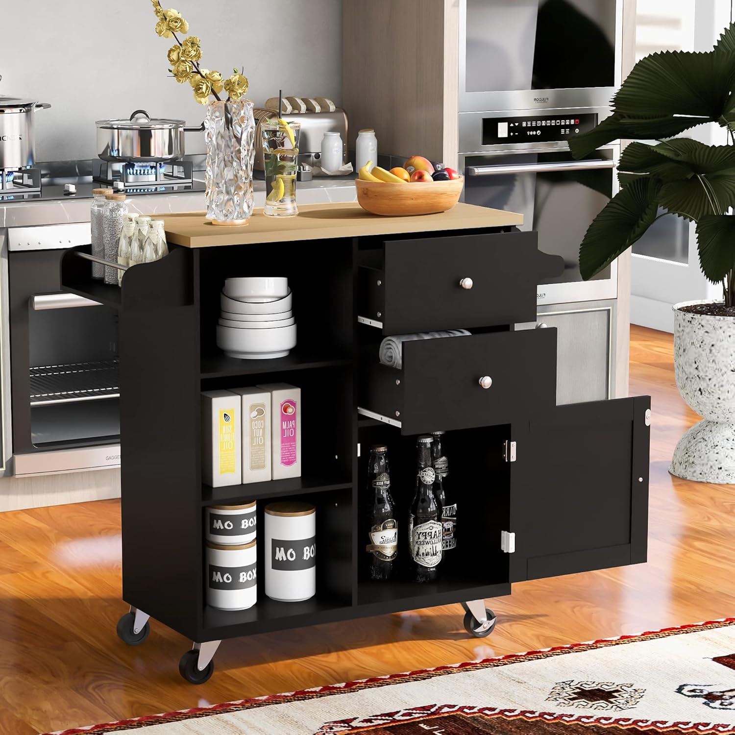 Lovtimber Kitchen Cart with Storage, Rolling Mobile Kitchen Island Cart with Rubber Wood Desktop and 5 Draws & Shelves, Sideboard for Dining Room, Home Bar, Black