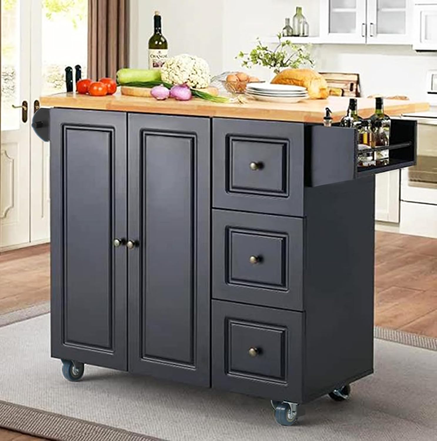 PHI VILLA Kitchen Island Cart on Wheels - Butcher Block Island Table for Food Prep, Rolling Kitchen Trolley with Storage