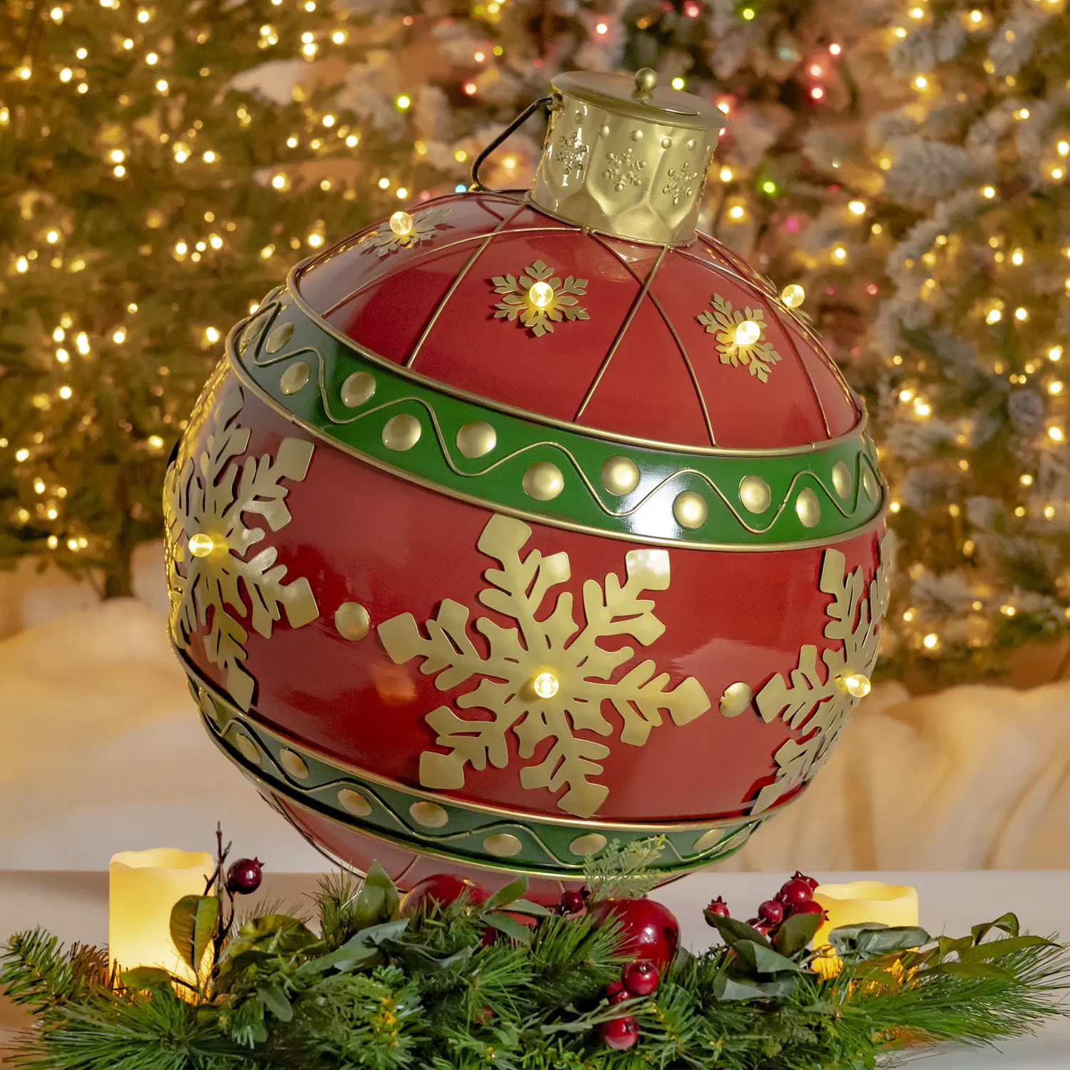 28.5in. Tall Oversized Metal Christmas Ball Decoration with LED Lights