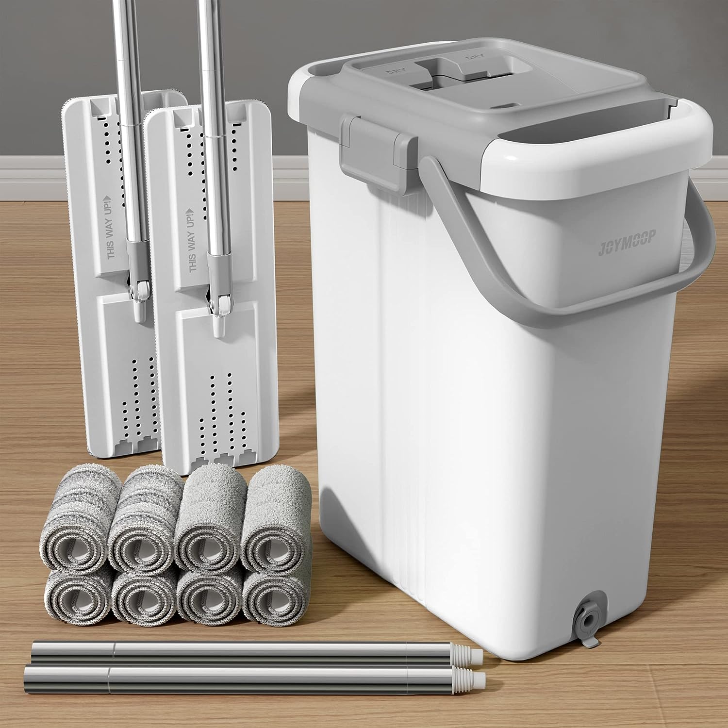 JOYMOOP mop and bucket with Wringer Set, Flat ,for floor cleaning with 3 Microfiber Pads, Wet and Dry Use, Household cleaning Tools, for Hardwood, Laminate, Tile