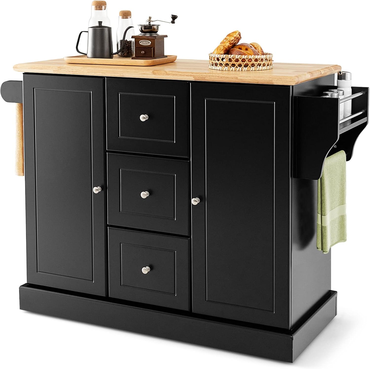 Giantex Mobile Kitchen Island, Large Kitchen Cart on Hidden Wheels, Rubber Wood Countertop, 3 Deep Drawers, 2 Enclosed Storage Cabinets with Adjustable Shelves, Side Towel Bar and Spice Rack, Black