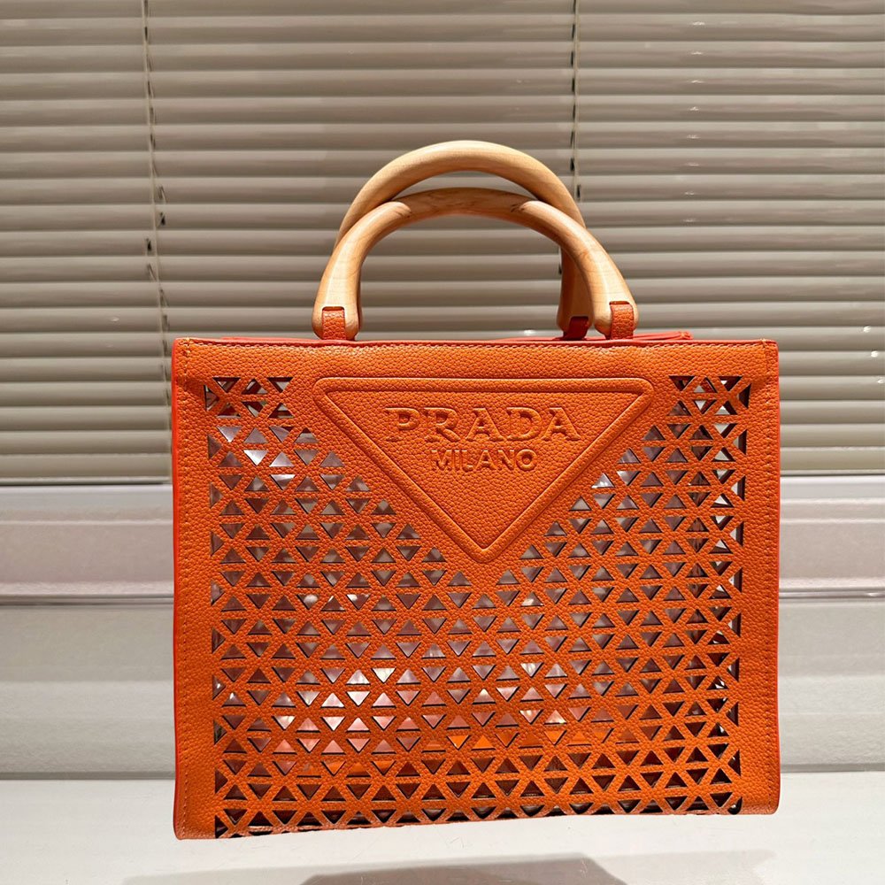 Prada Wooden Handle Hollow Orange Tote Bag
