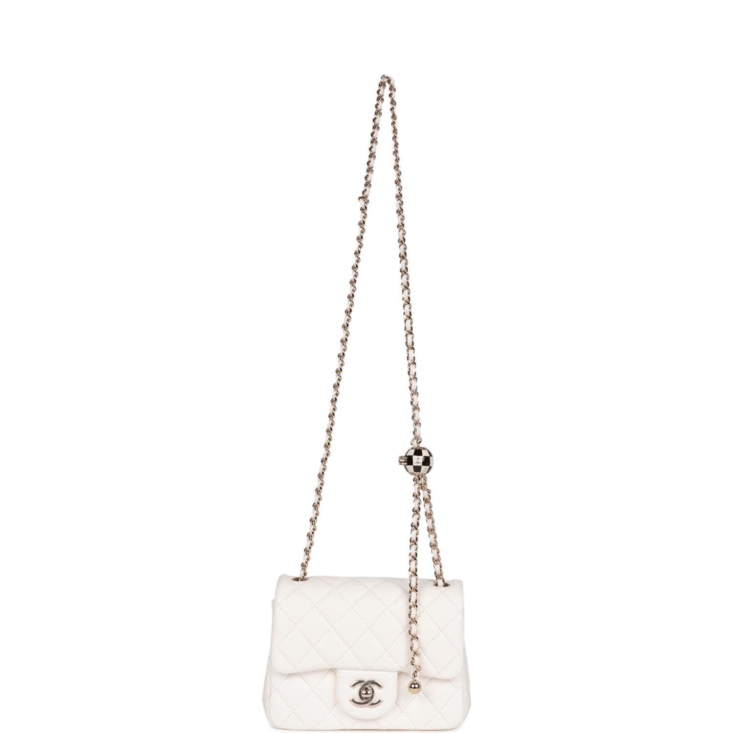 Chanel Classic Flag Bag Pearl Crush Mini Square Flap Bag White Lambskin Light Gold Hardware