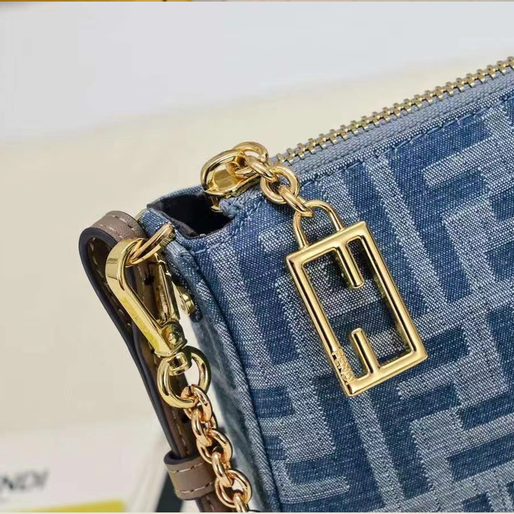 Fendi Baguette Light blue FF chain denim clutch bag  (Perfect Replica)