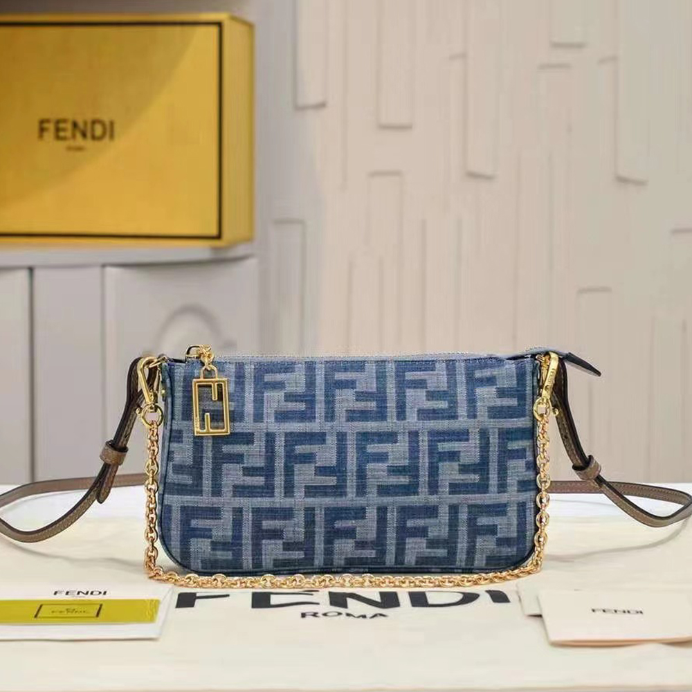 Fendi Baguette Light blue FF chain denim clutch bag  (Perfect Replica)