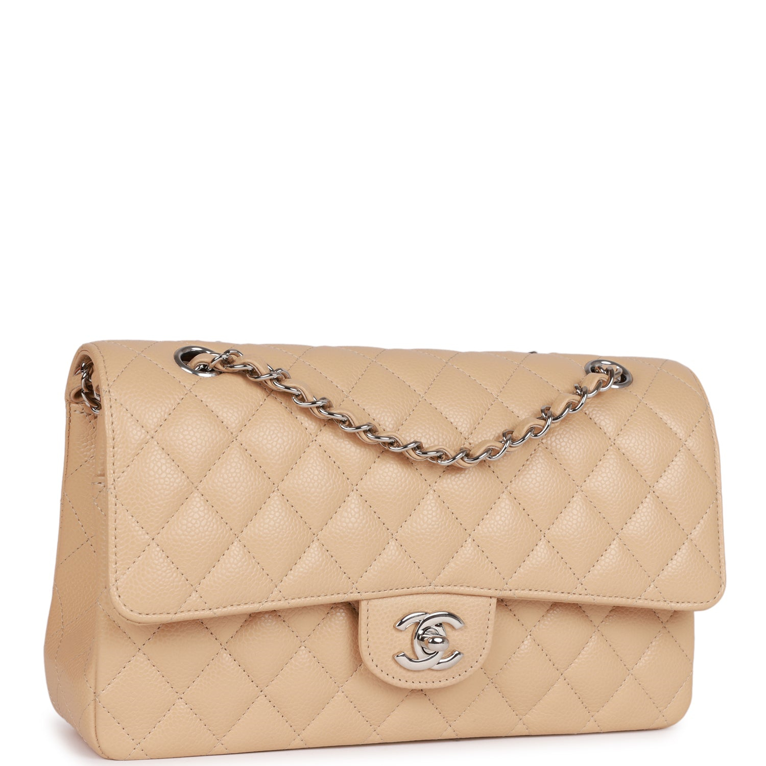Chanel Classic Flag Bag Medium Classic Double Flap Bag Beige Caviar Silver Hardware