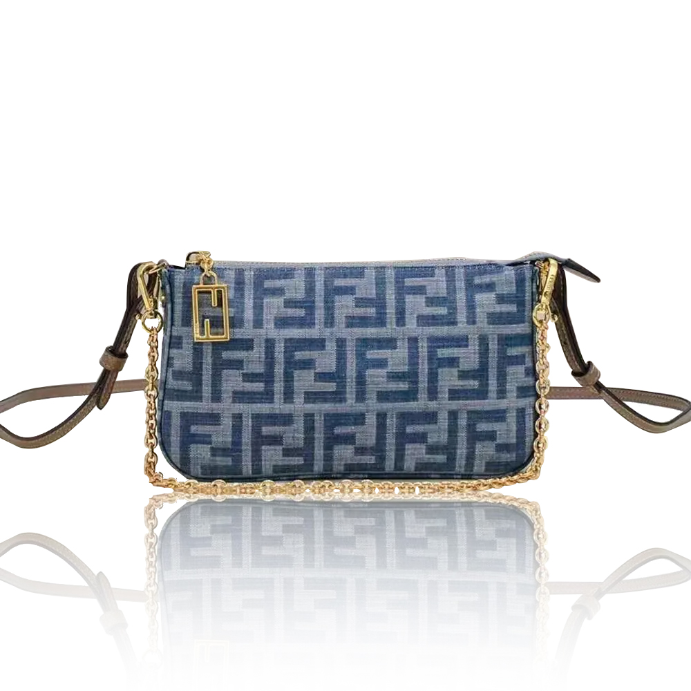 Fendi Baguette Light blue FF chain denim clutch bag  (Perfect Replica)