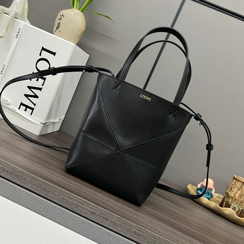 Loewe Puzzle Fold Tote in shiny calfskin Mini Black(Perfect Replica)