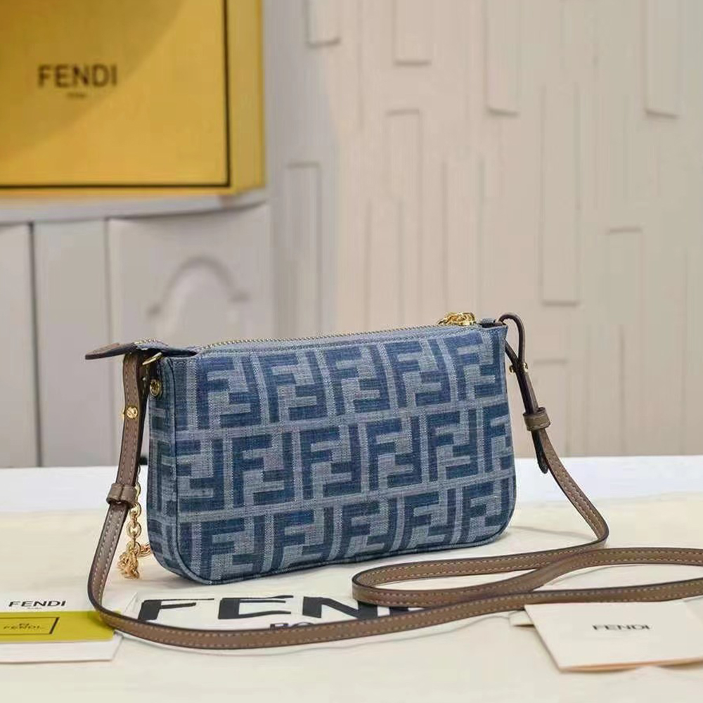 Fendi Baguette Light blue FF chain denim clutch bag  (Perfect Replica)