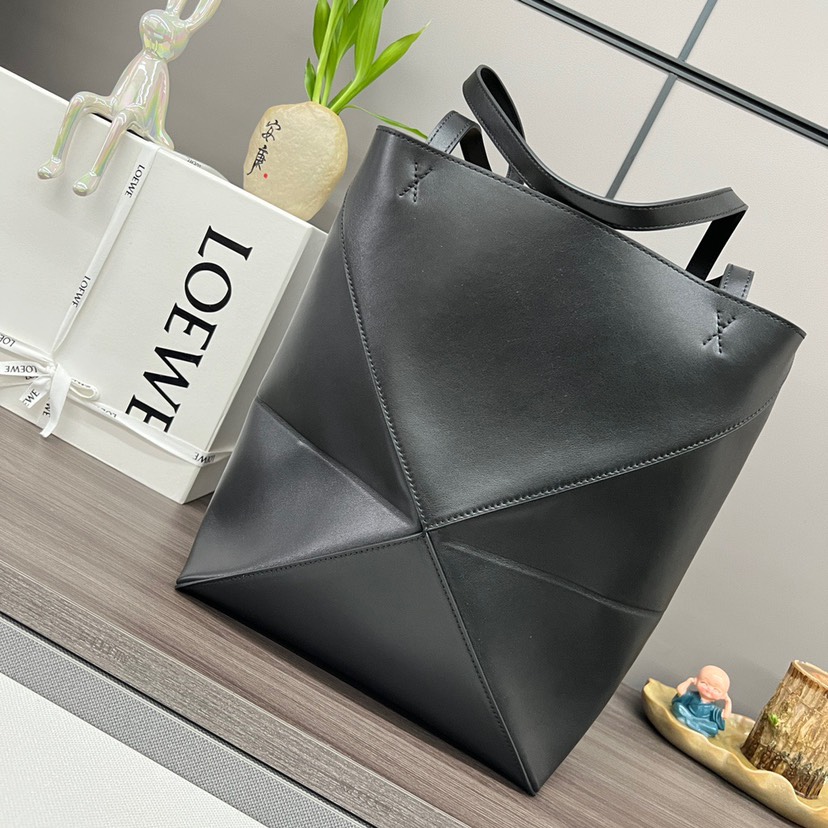 Loewe Puzzle Fold Tote in shiny calfskin Medium Black(Perfect Replica)
