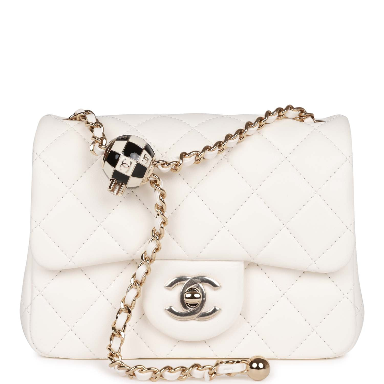 Chanel Classic Flag Bag Pearl Crush Mini Square Flap Bag White Lambskin Light Gold Hardware