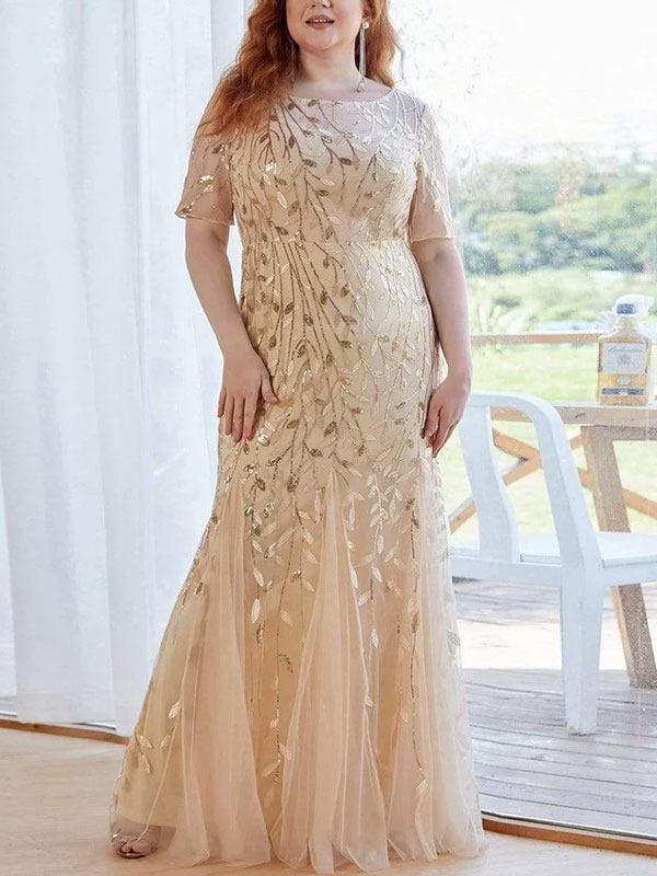 Floral Sequin Print Plus Size Mermaid Tulle Evening Dress