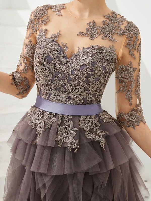 Half Sleeves Floral lace Prom Dress Fur Floor Length Evening Party Dress