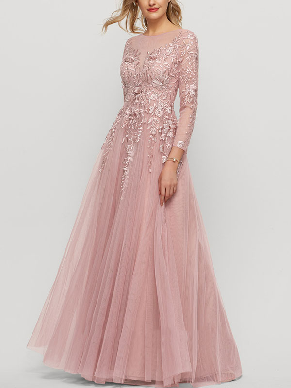 A-Line Scoop Neck Floor-Length Tulle Evening Dress