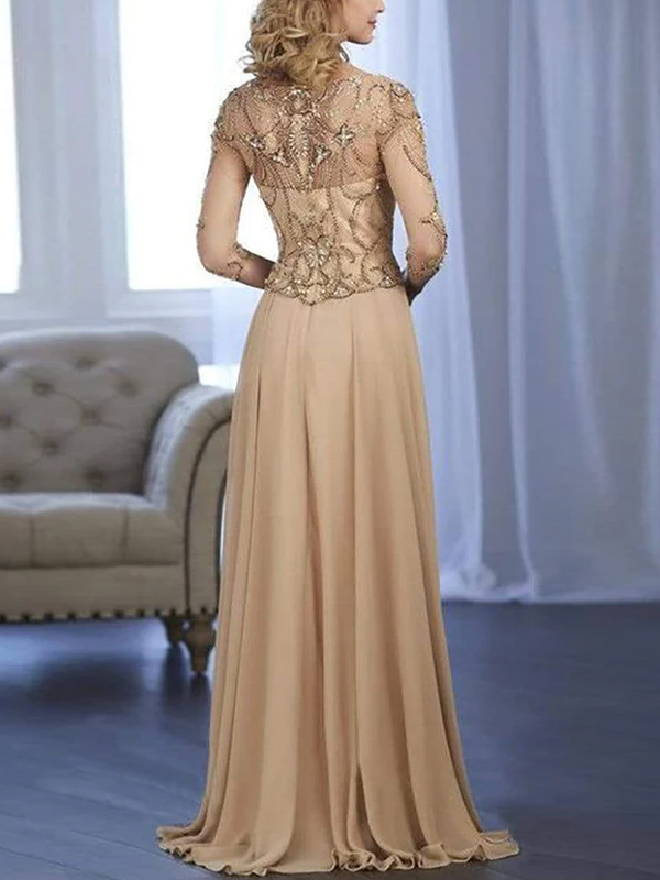 Round neck mid-sleeve solid sequin maxi dress