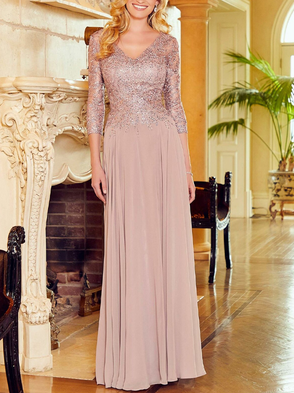 V Neck Three Quarter Sleeve Evening Dress