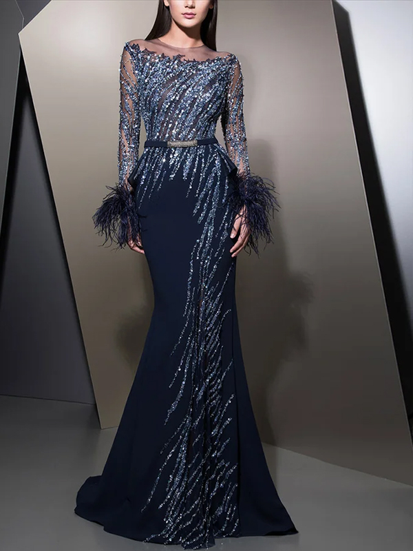 Fashion Sequin Feather Evening Dress