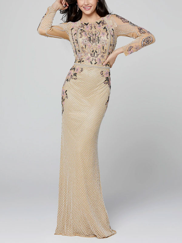 Long Sleeve Beaded Formal Evening Dress Floral High Neck