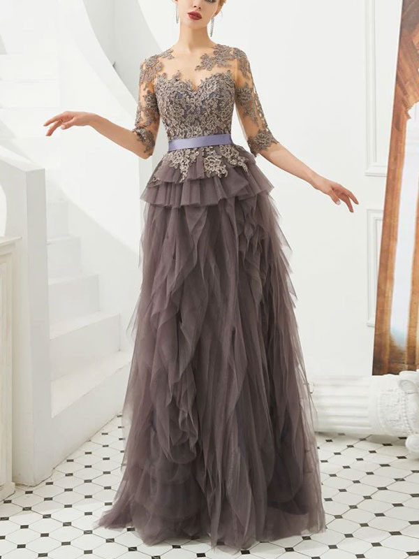 Half Sleeves Floral lace Prom Dress Fur Floor Length Evening Party Dress