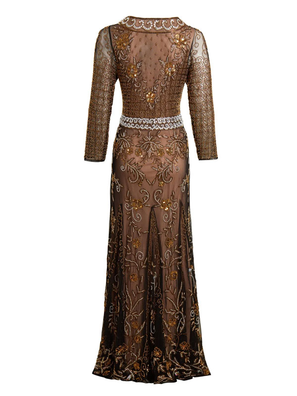 Gatsby style evening dress with heavy beaded sleeves