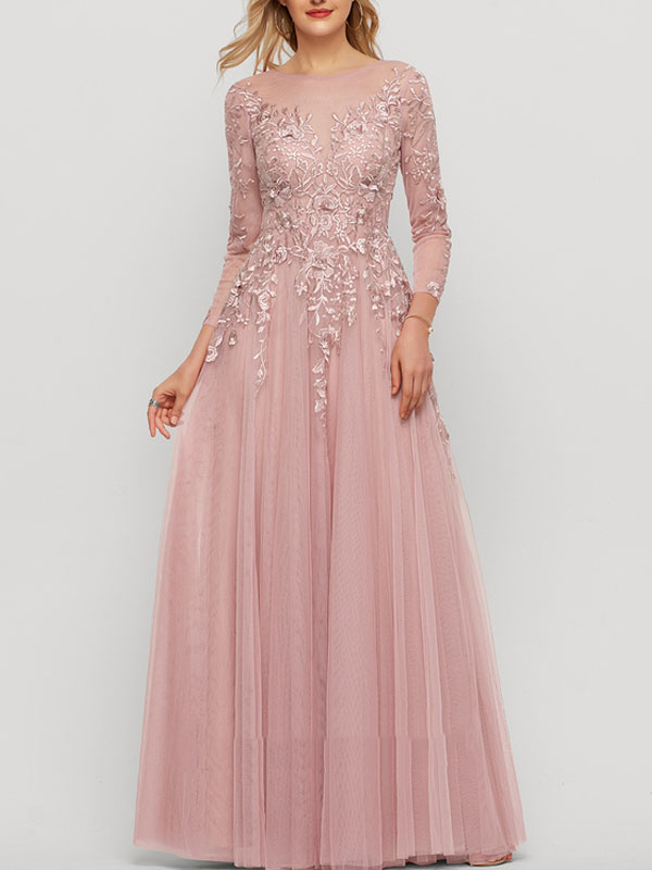 A-Line Scoop Neck Floor-Length Tulle Evening Dress