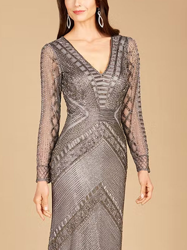 V-neck long-sleeved tassel evening ladies dress