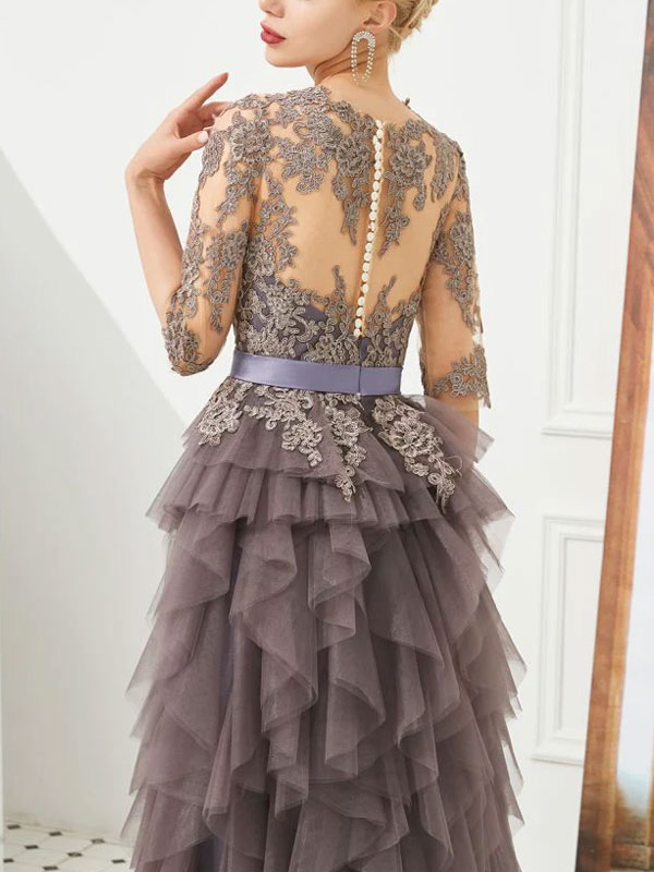 Half Sleeves Floral lace Prom Dress Fur Floor Length Evening Party Dress