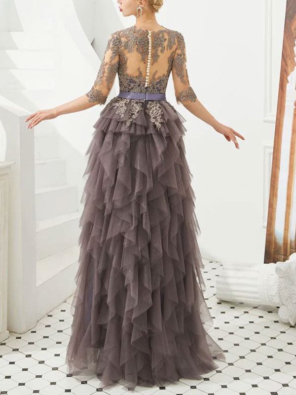 Half Sleeves Floral lace Prom Dress Fur Floor Length Evening Party Dress