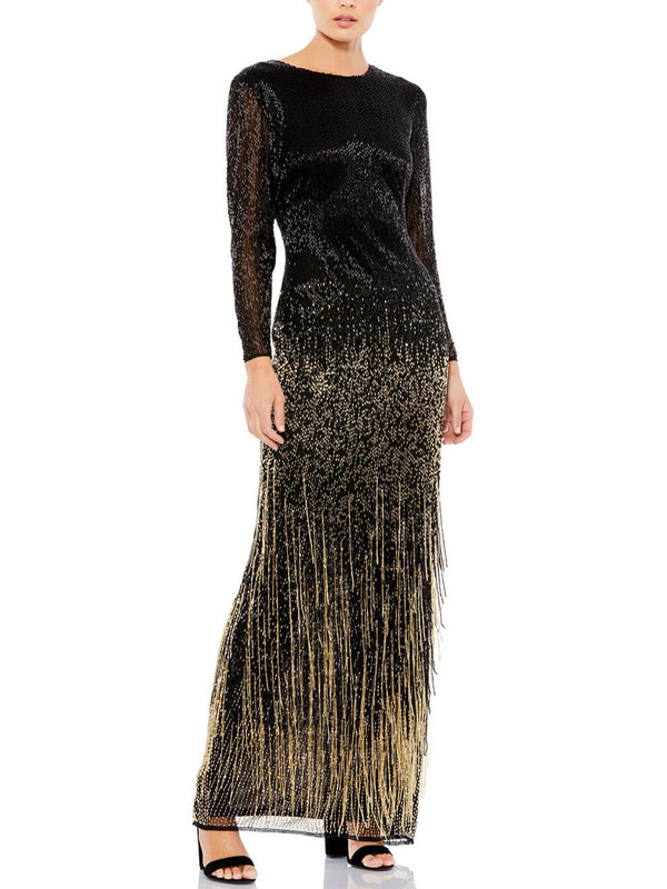 Long Sleeve Beaded Tassel Evening Dress