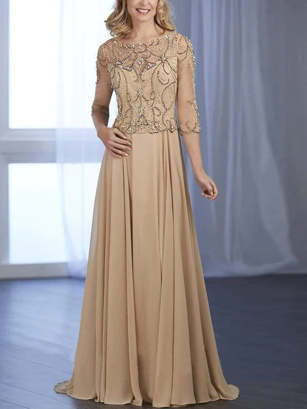 Round neck mid-sleeve solid sequin maxi dress