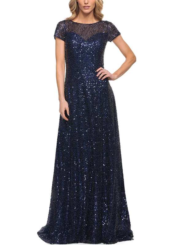 Round neck short sleeve solid sequin maxi dress