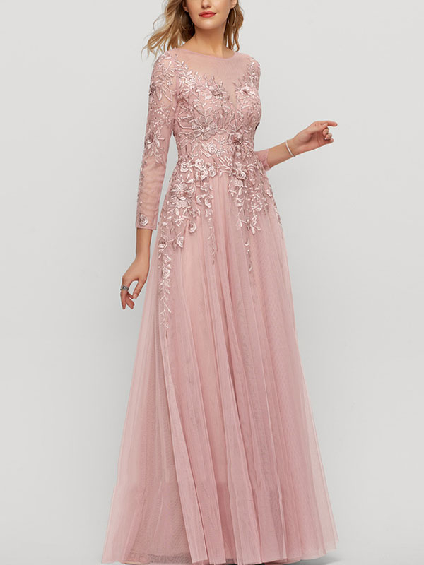 A-Line Scoop Neck Floor-Length Tulle Evening Dress