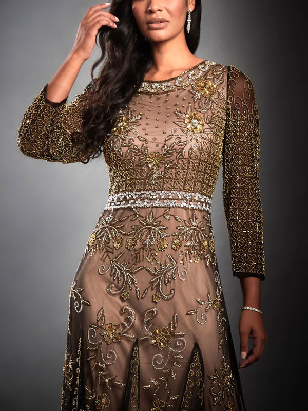 Gatsby style evening dress with heavy beaded sleeves