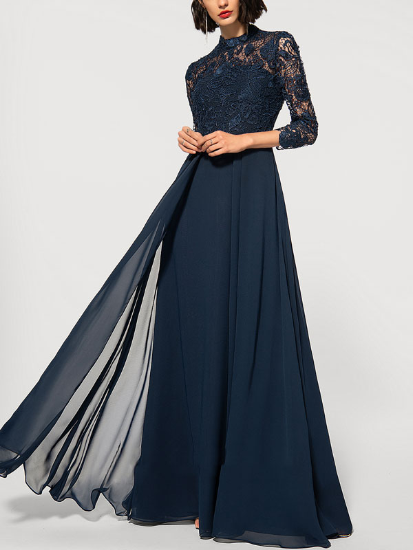 A-Line High Neck Floor-Length Chiffon Lace Evening Dress