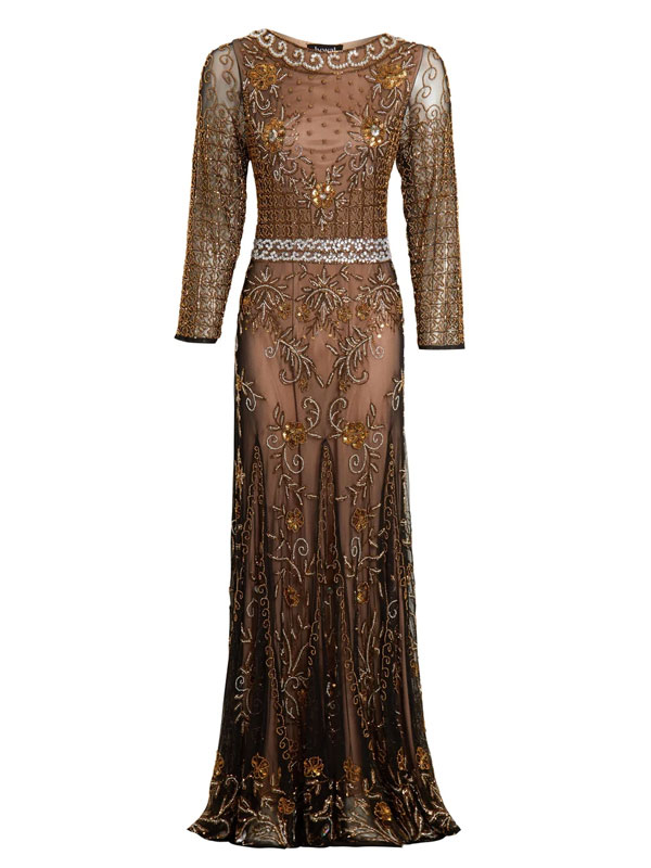 Gatsby style evening dress with heavy beaded sleeves