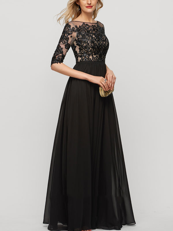 A-line floor length chiffon lace sequin evening dress