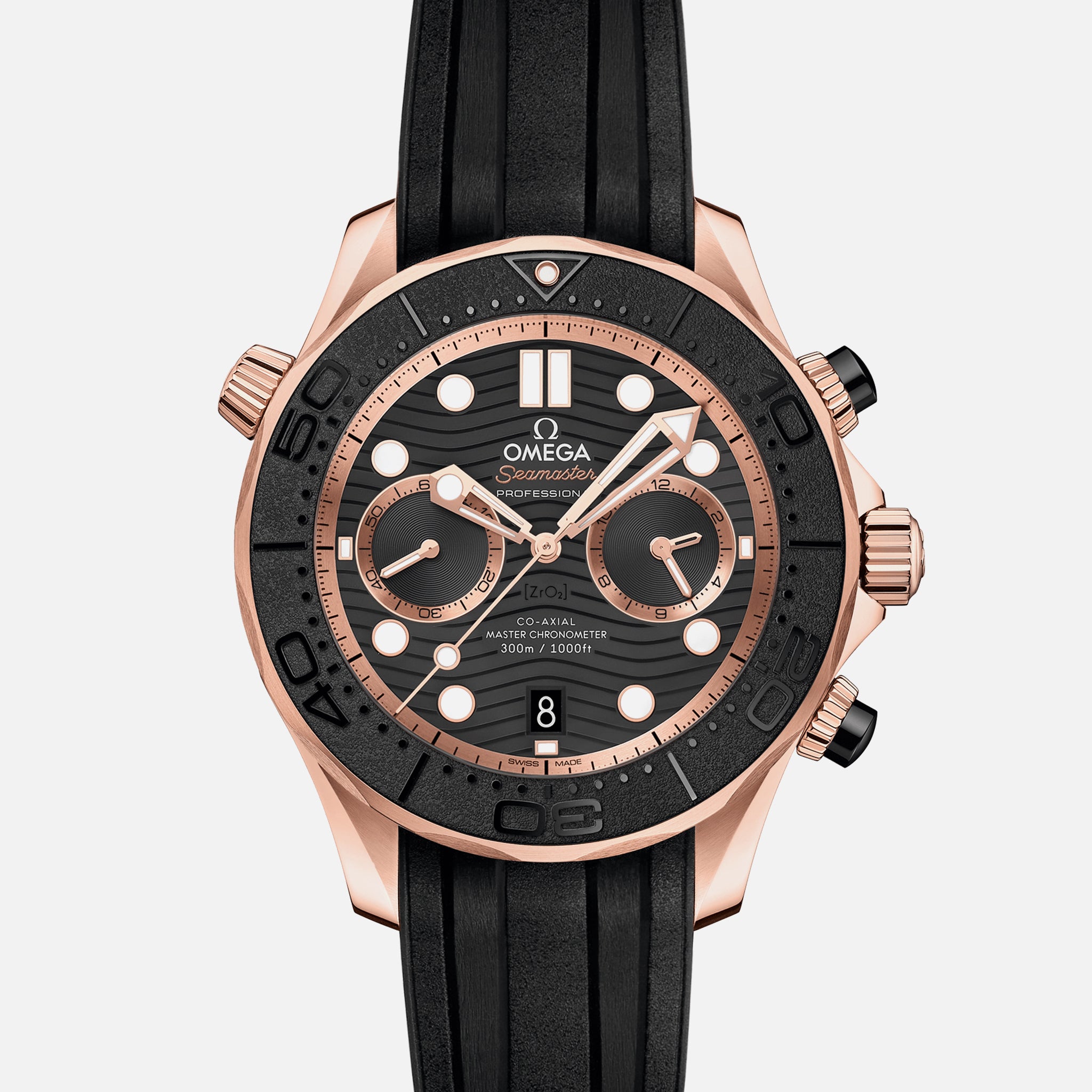 Seamaster Diver 300M Co-Axial Master Chronometer Chronograph 44mm Sedna Gold Black Dial On Rubber Strap