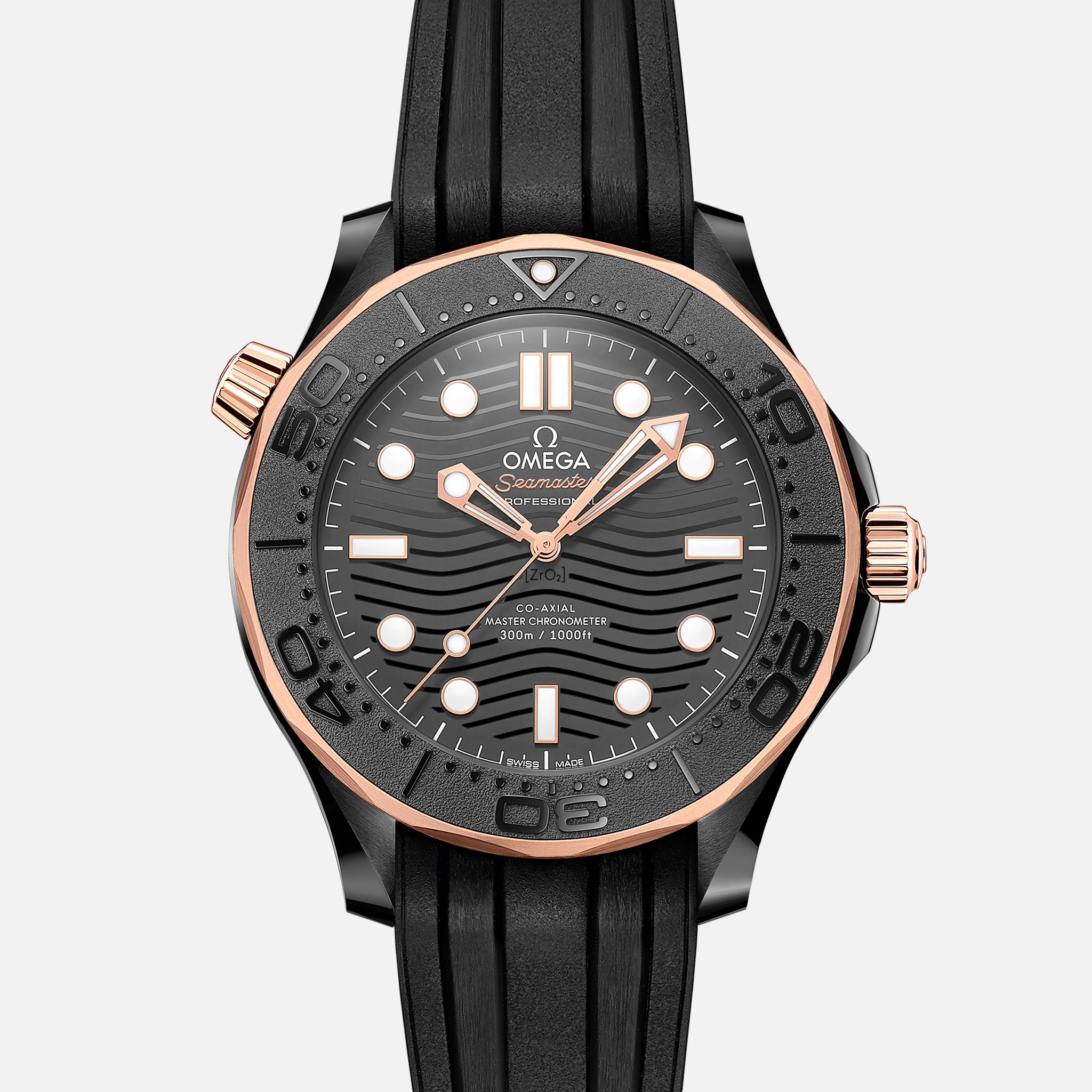 Seamaster Diver 300M Co-Axial Master Chronometer 43.5mm Black Ceramic And Sedna Gold on Rubber Strap