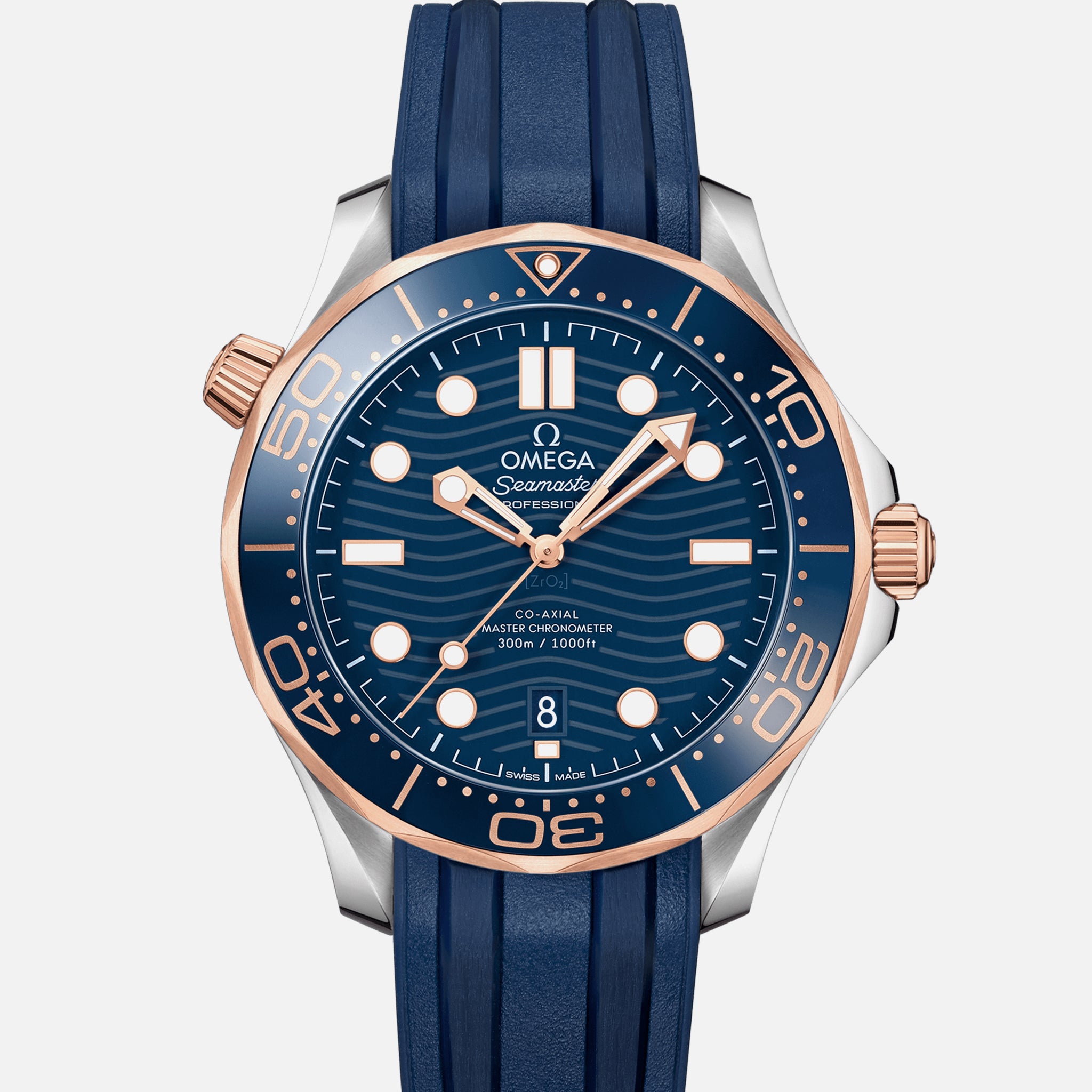 Seamaster Diver 300M Co-Axial Master Chronometer 42mm Two-Tone Sedna Gold Blue Dial On Rubber Strap