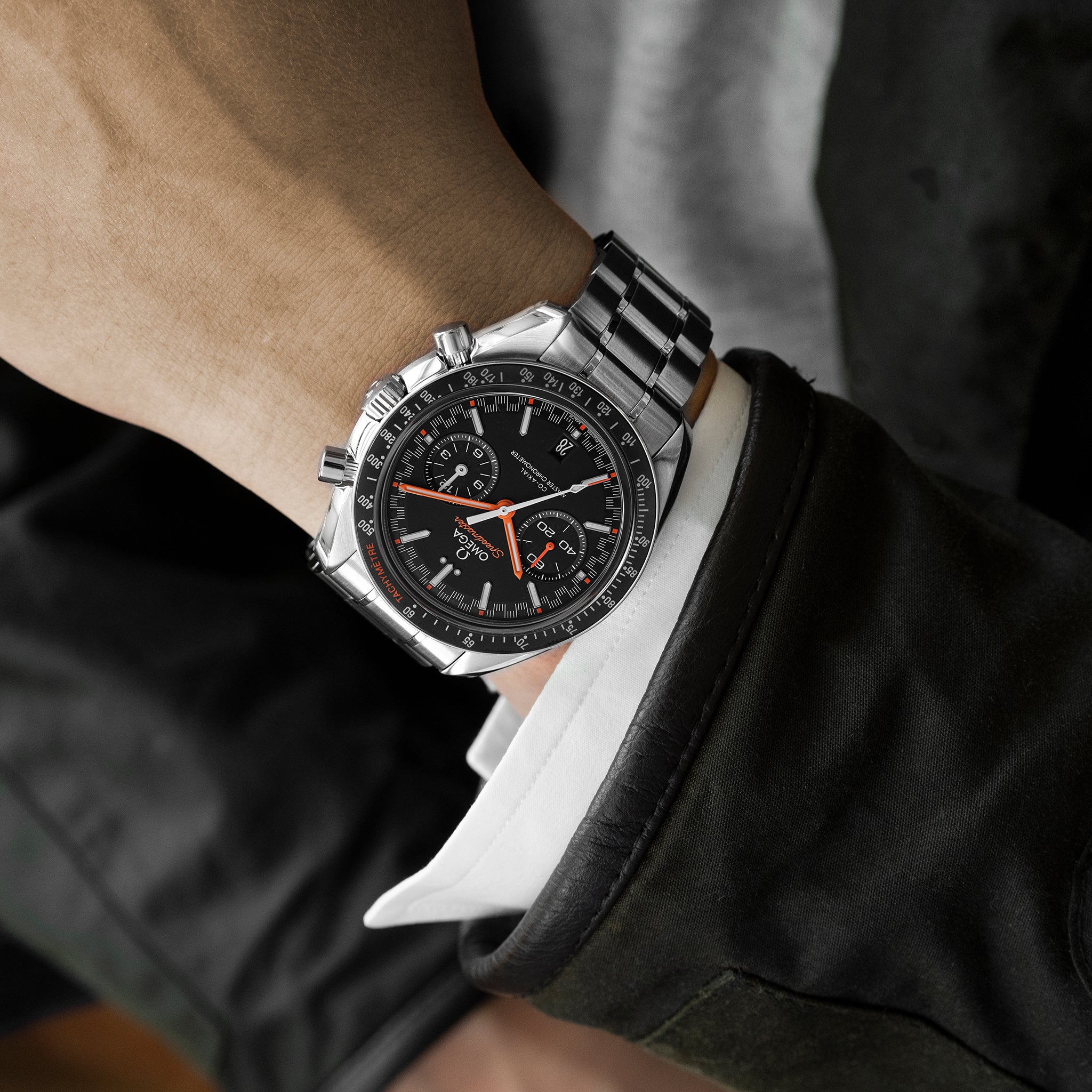 Speedmaster Racing Co-Axial Master Chronometer Chronograph 44.25mm Black Dial With Orange Accents On Bracelet