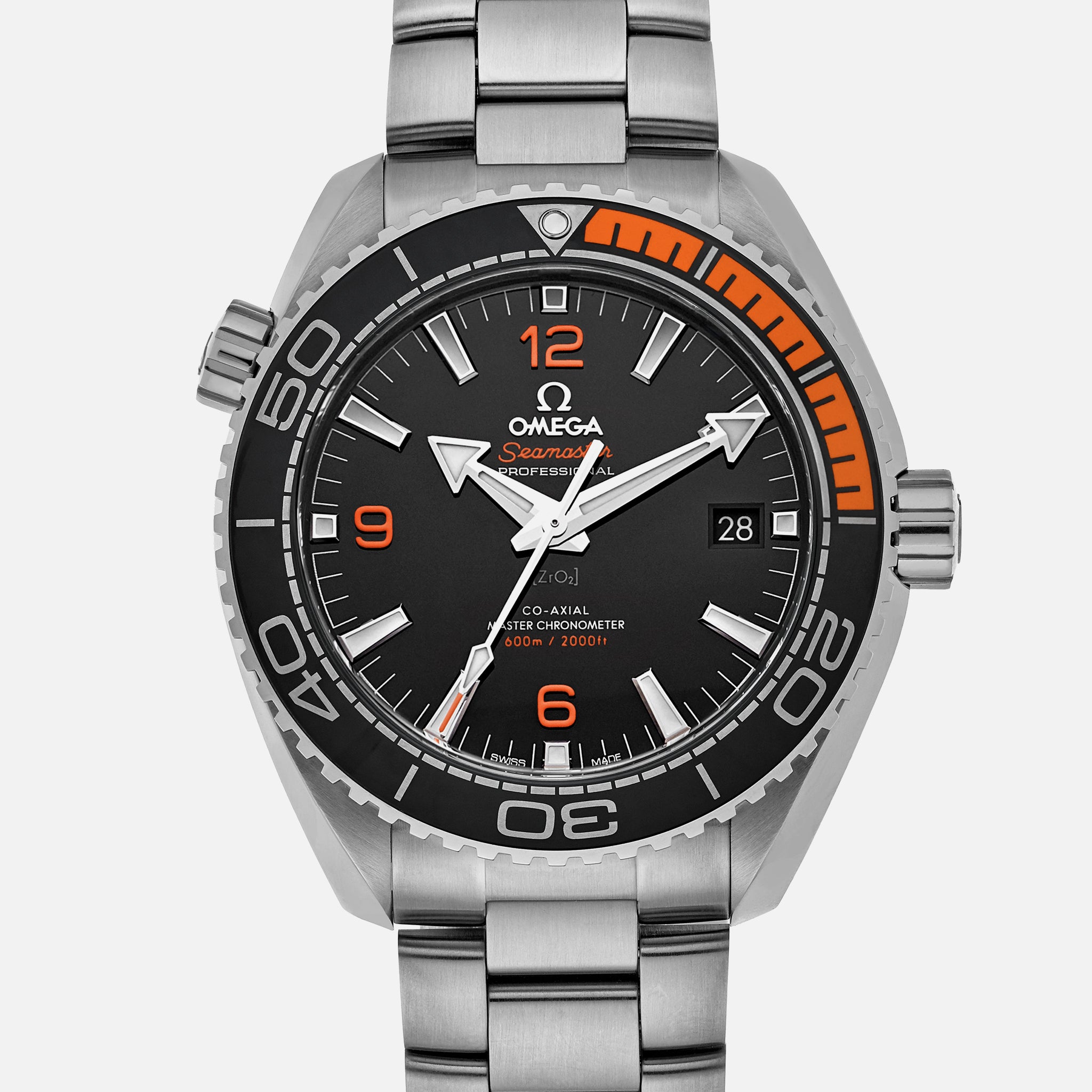 Seamaster Planet Ocean 600M Co-Axial Master Chronometer 43.5mm Black Dial With Orange Accents On Bracelet