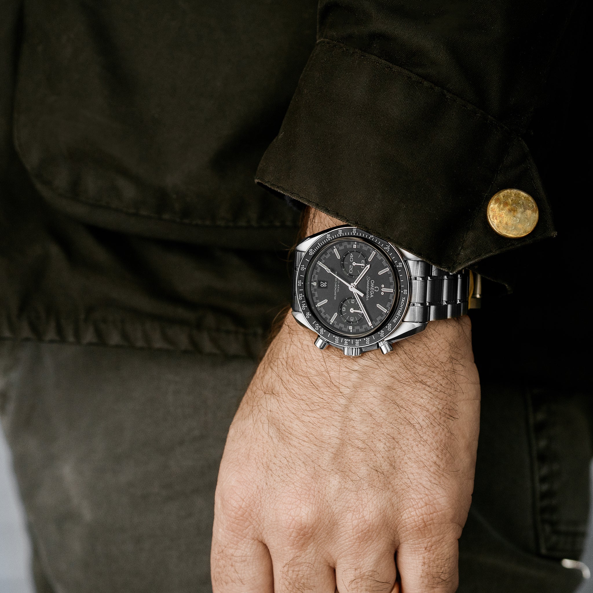 Speedmaster Racing Co-Axial Master Chronometer Chronograph 44.25mm Black Dial With White Accents On Bracelet