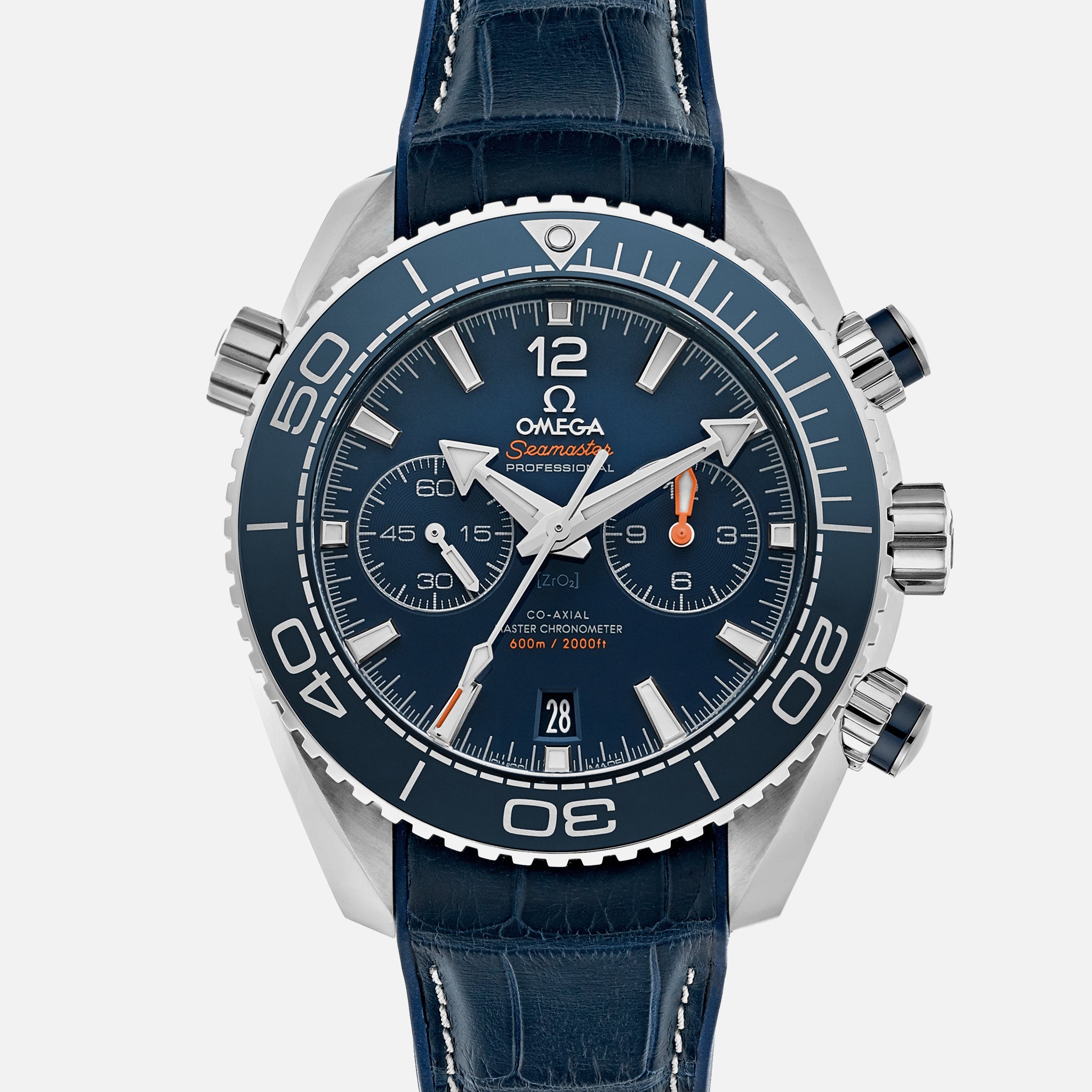 Seamaster Planet Ocean 600M Co-Axial Master Chronometer Chronograph 45.5mm Blue Dial On Leather Strap With Rubber Lining