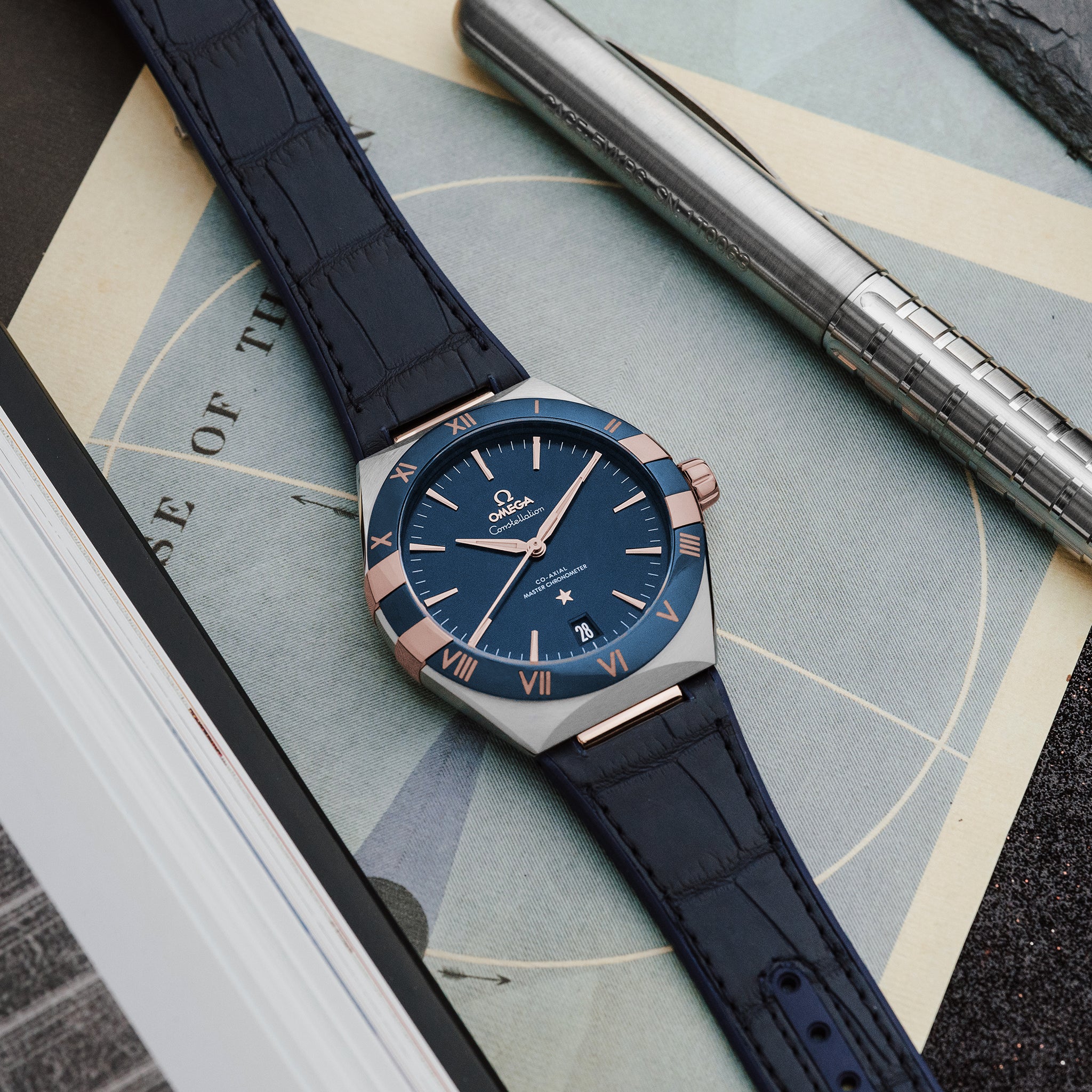 Constellation Co-Axial Master Chronometer 41mm Sedna Gold Two-Tone Blue Dial On Leather Strap