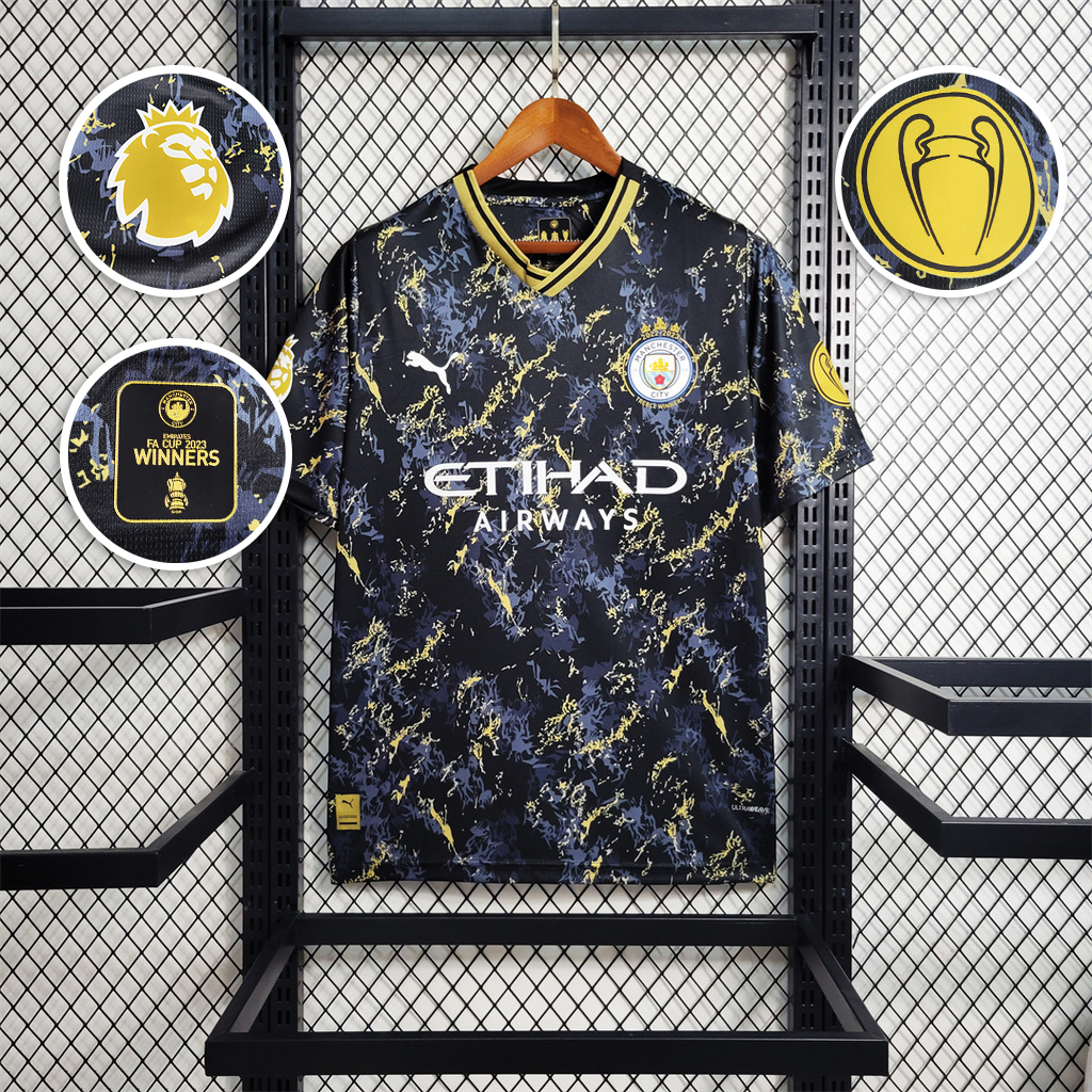 Manchester City 2023 Black Gold Treble Champions Shirt - Fans Version - ReplicasJersey