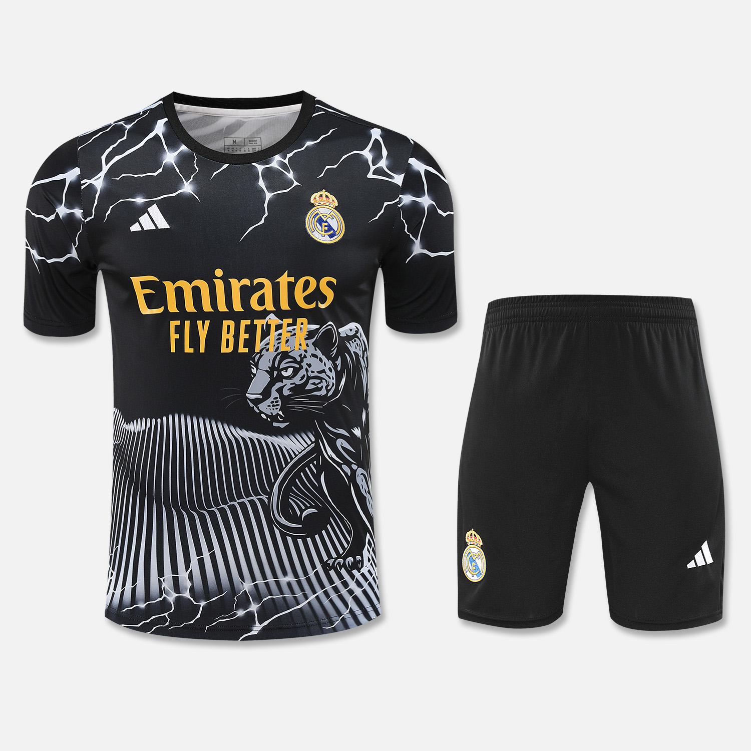 Real Madrid 24-25 Short-Sleeve Training Set - White Leopard Top & Black Shorts - ReplicasJersey