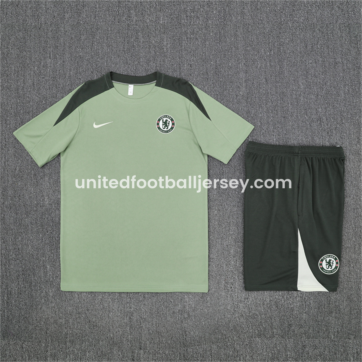 C.H.E.L.S.E.A 25-26 Short-Sleeve Training Set - Light Green Top & Army Green Shorts - ReplicasJersey