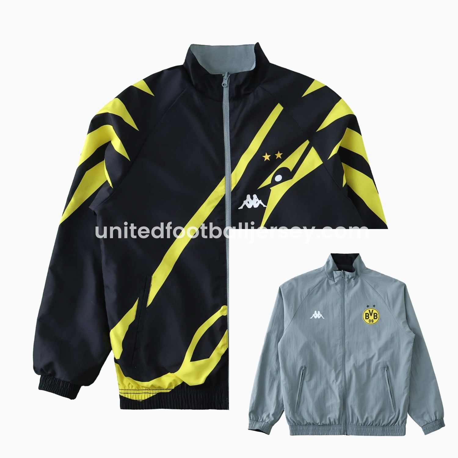 Borussia Dortmund 24-25 Retro Style Double Sided Reversible Windbreaker - Black & Grey - ReplicasJersey