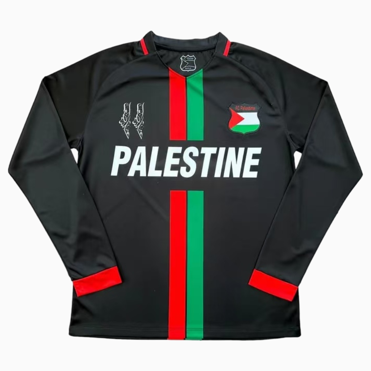 FC Palestina 24-25 Black Centre Striped Long Sleeve Jersey with English and Pattern - ReplicasJersey